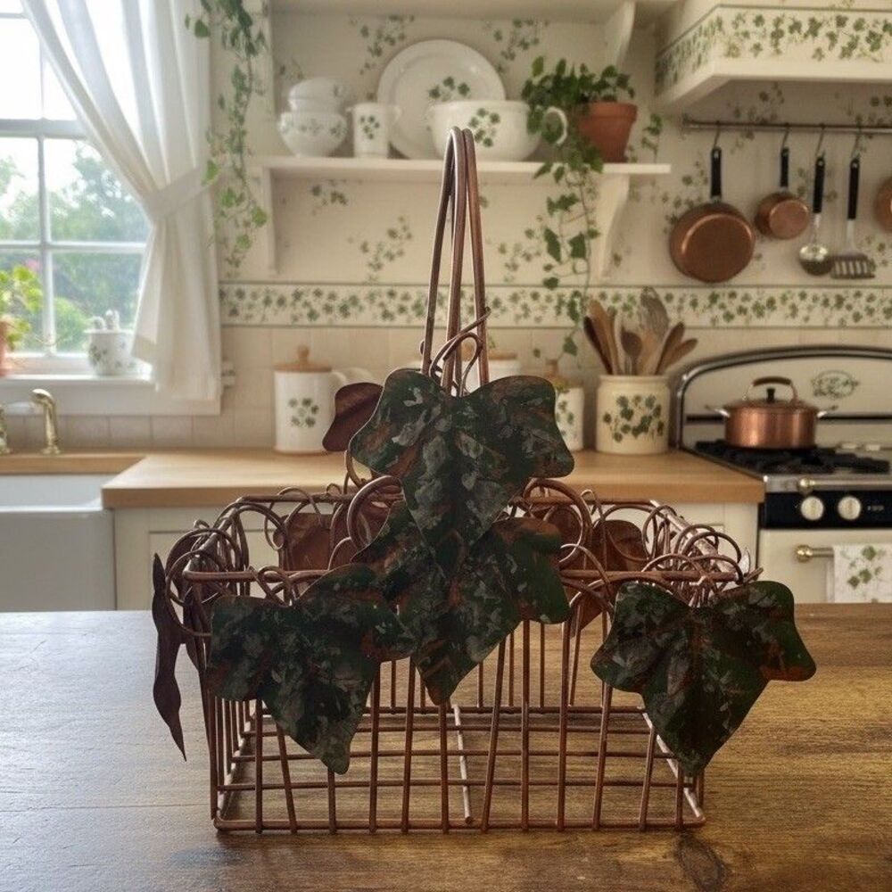 Metal Ivy Decor Basket Copper Tone 10in Tall Rustic Table Organizer Storage Rack